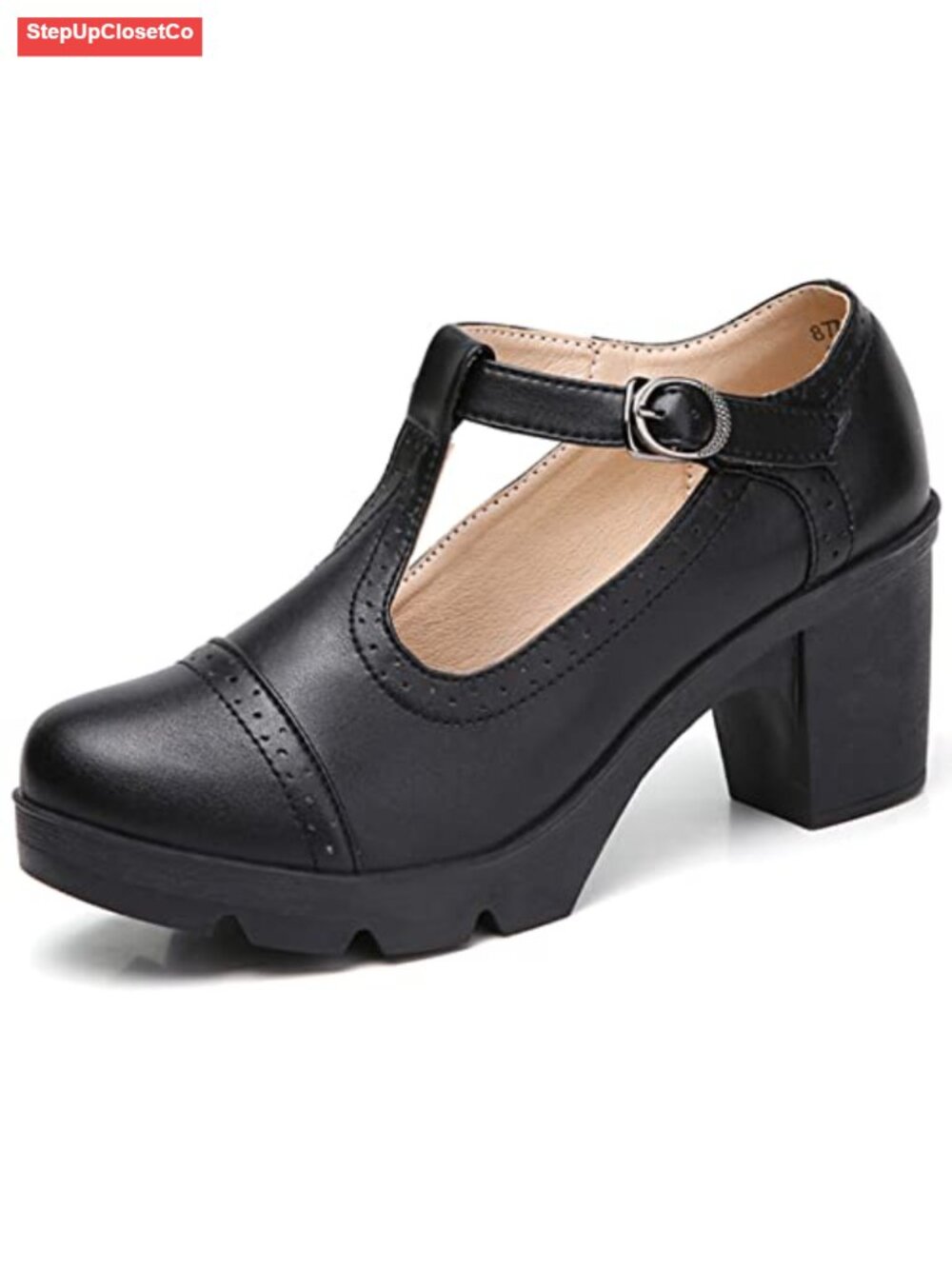 Women's Leather T-Strap Platform Chunky Mid-Heel Mary Jane Square Toe Oxfords